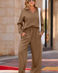 Solid V-Neck Top and High Waist Pants Set