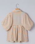 Stripe Shirred V-Neck Short Puff Sleeve Blouse