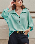 Corded Knit Roll-Up Sleeve Collared Henley Top