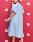 Plus Size Stripe Shirred Collared V-Neck Midi Dress