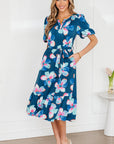 Floral Short Puff Sleeve Ruffle Belted Midi Dress