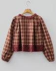 Plaid Eyelet Lace Trim Buttoned Long Sleeve Shirt