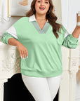 Plus Size Colorblock Stripe Patchwork Collared V-Neck Sweatshirt
