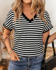 Stripe V-Neck Lace Trim Short Sleeve Tee
