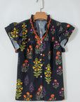 Floral Lace Trim V-Neck Frilled Short Sleeve Shirt