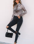 Leopard Mesh Smocked Neck Long Sleeve Bodysuit