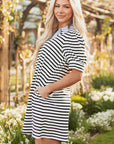 Stripe Patchwork V-Neck Collared Mini Dress