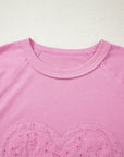 Heart Embroidered Eyelet Patchwork Long Sleeve Top