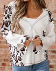 Leopard Waffle Knit Patchwork Zip Up Hoodie
