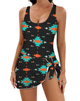 Baha Ranch Turquoise Orange Aztec Skirted Swimsuit