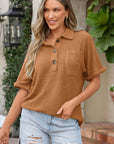Solid Waffle Knit Round Hem Chest Pocket Tee