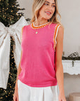 Contrast Trim Pearl Crewneck Sweater Top
