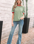 Stripe Contrast Trim Short Puff Sleeve Tee