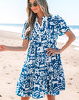 Floral Ricrac Trim Split Neck Tiered Mini Dress