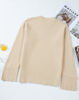 Solid Textured Knit Split Cuff Drop Shoulder Sweater