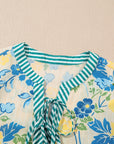 Floral Stripe Trim Puff Short Sleeve Dress