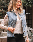 Denim Button-Front Scallop Trim Patch Pocket Vest