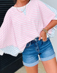 Stripe Oversize Dolman Sleeve Patchwork T-Shirt