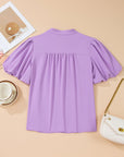 Solid Puff Sleeve Notched V-Neck Blouse