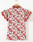 Floral Contrast Trim V-Neck Ruffle Short Sleeve Blouse