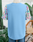 Floral Patchwork Bubble Sleeve Textured Blouse