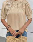 Eyelet Embroidered Patchwork Textured Ruffle Neck Blouse