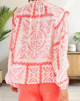 Abstract Poet Collar Smocked Long Sleeve Blouse