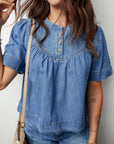 Denim Pleated Half Buttoned Short Sleeve Top