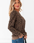 Leopard Ribbed Trim Long Sleeve Top