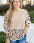 Beige Faux Two Piece Knit Patchwork Floral Print Plus Size Top
