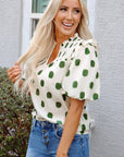 Polka Dot Shirred Notched Neck Balloon Sleeve Blouse