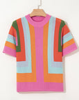 Colorblock Eyelet Short Sleeve Sweater T-Shirt