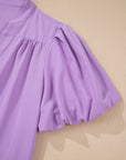 Solid Puff Sleeve Notched V-Neck Blouse