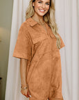 Faux Suede Collared V-Neck Short Sleeve Dress