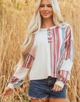 Stripe Waffle Knit Patchwork Raw Edge Henley Top