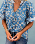 Floral Stripe Trim Tie-Neck Short Sleeve Blouse