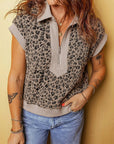 Leopard Zip-Up Collared Cap Sleeve Top