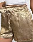 Metallic Tie Elastic Waist Cuffed Hem Shorts