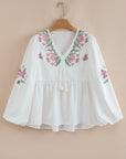 Floral Lace-Up V-Neck Babydoll Blouse