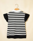 Stripe Collar V-Neck Ruffle Short Sleeve Blouse