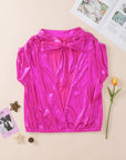 Metallic Bow Tie Ruched Sleeve Backless Blouse