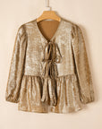 Metallic Tie Front 3/4 Puff Sleeve Peplum Blouse