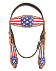 HILASON Western Horse American Leather Headstall & Breast Collar Set Tan US Flag