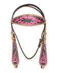 HILASON Western Horse Leather Headstall & Breast Collar Tack Set Pink Flame