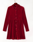 Velvet Ruffle Buttoned Long Sleeve Dress