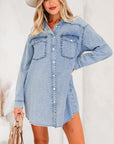 Solid Denim Chest Pocket Raw Hem Shirt Dress