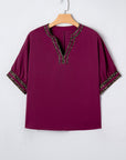 Leopard Contrast Trim V-Neck Short Sleeve Blouse