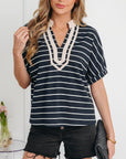 Stripe Stand Collar V-Neck Dolman Sleeve Top