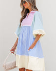 Joelle Striped Ric Rac Puff Sleeve Collared Mini Dress