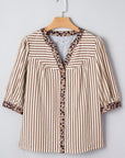 Stripe Leopard Trim V-Neck Buttoned Short Sleeve Shirt